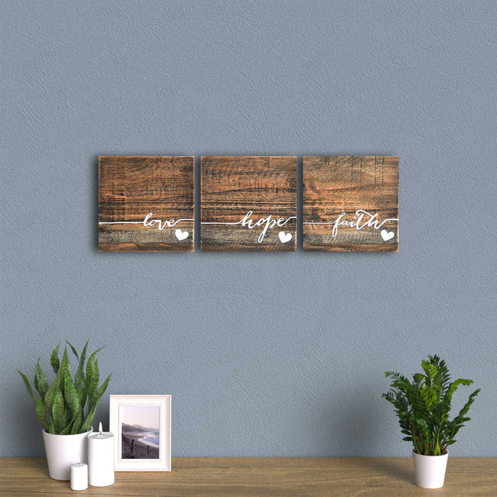 Love, Hope, Faith - Set of 3 Wooden Quote Tiles