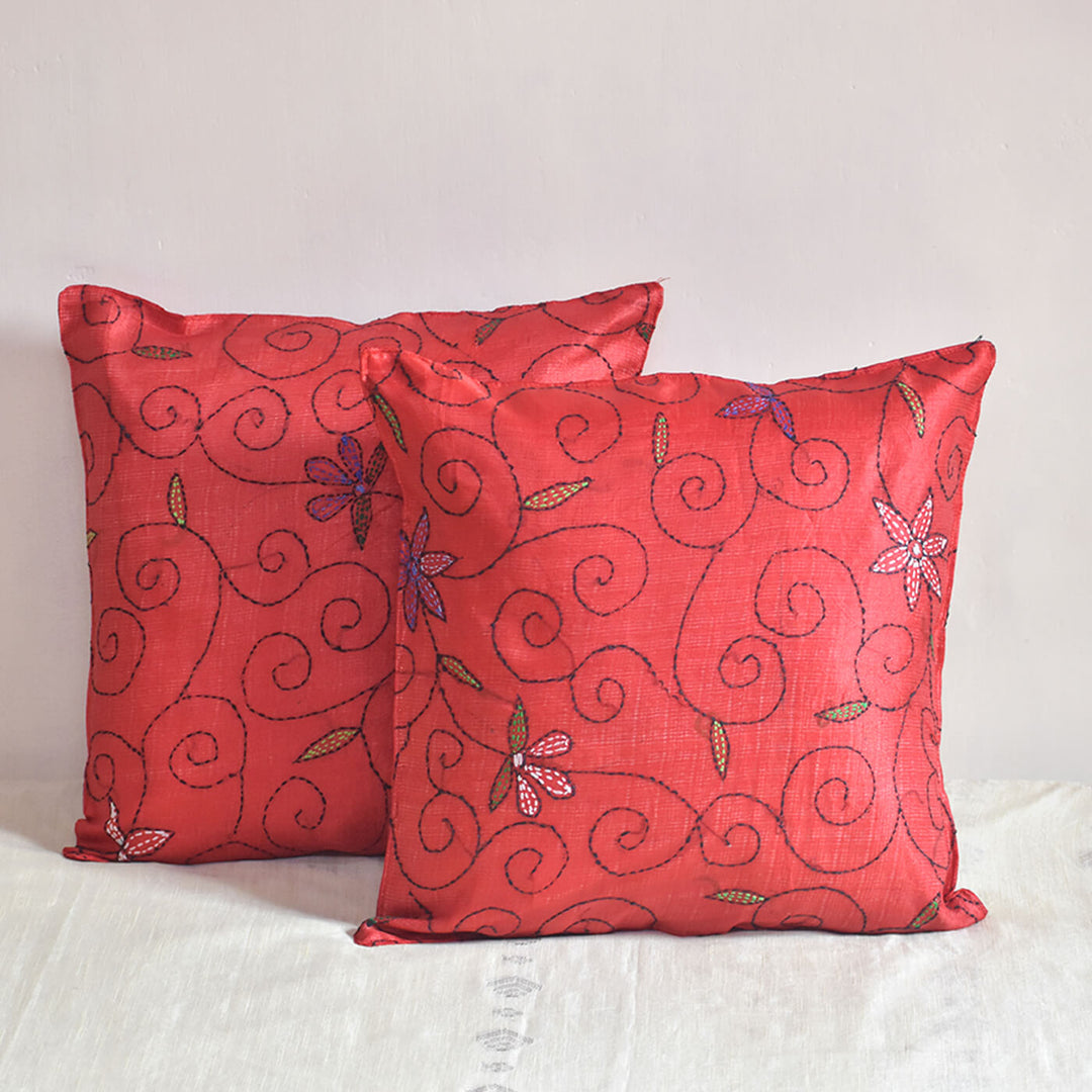 Handpainted Kantha Stitch Cotton Cushion Cover - Set of 2