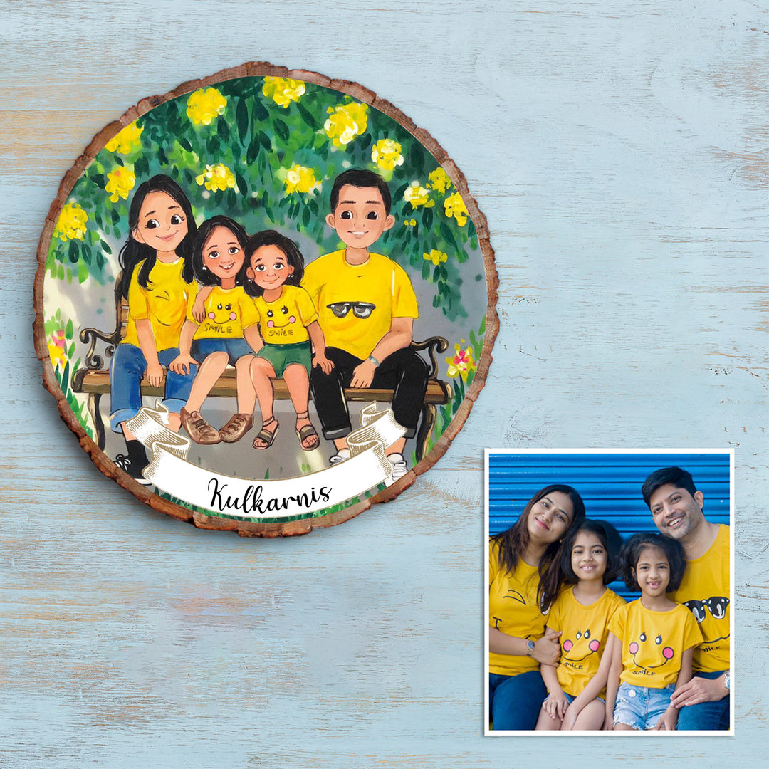 Photo Caricature Bark Nameplate With Stand For Small Family 1 - Illustration Personalization Example with Reference