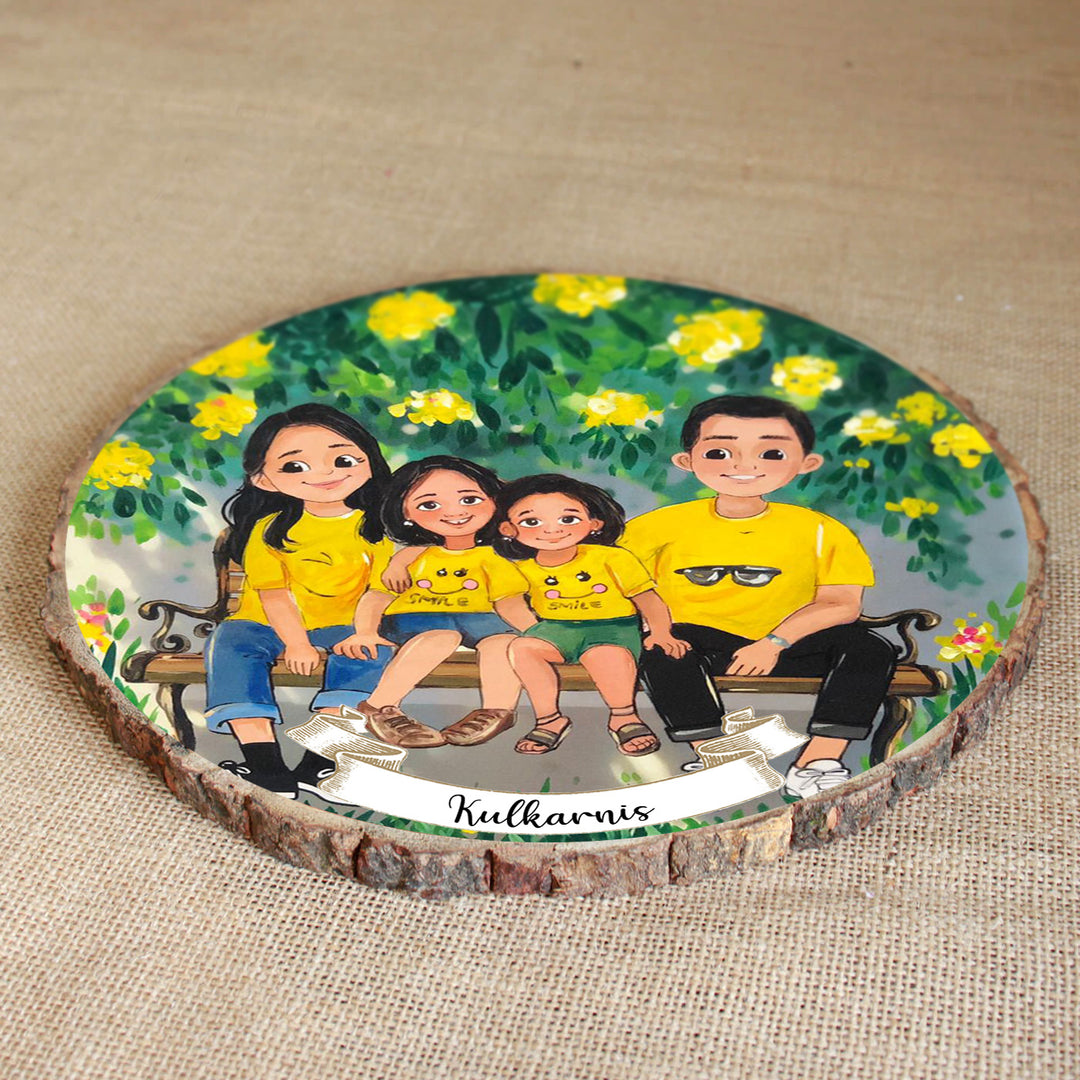 Photo Caricature Bark Nameplate With Stand For Small Family 1 - Top Angle Showing Surface Artwork