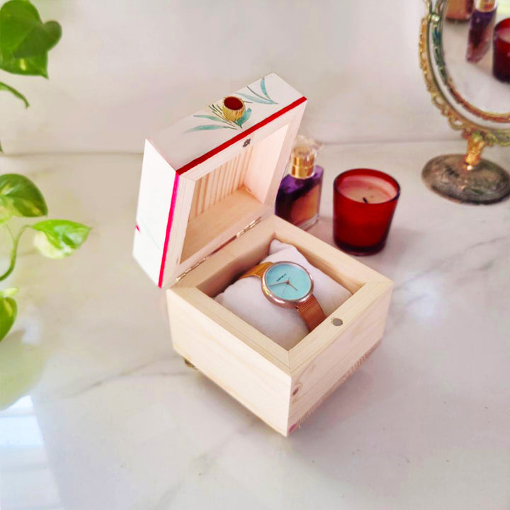 Handpainted Square Personalised Floral Wooden Jewellery Box - Beige