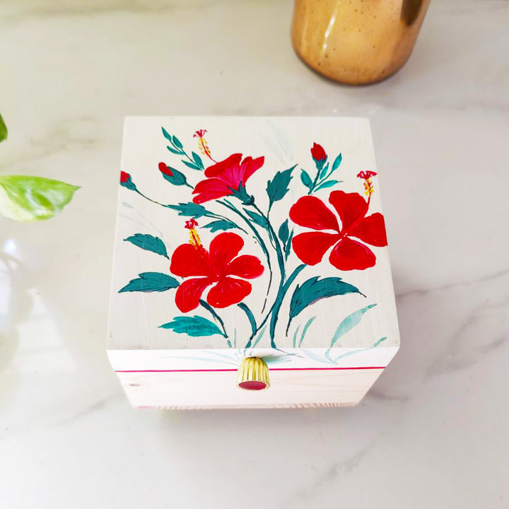 Handpainted Square Personalised Floral Wooden Jewellery Box - Beige