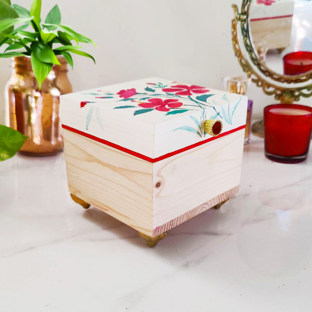 Handpainted Square Personalised Floral Wooden Jewellery Box - Beige