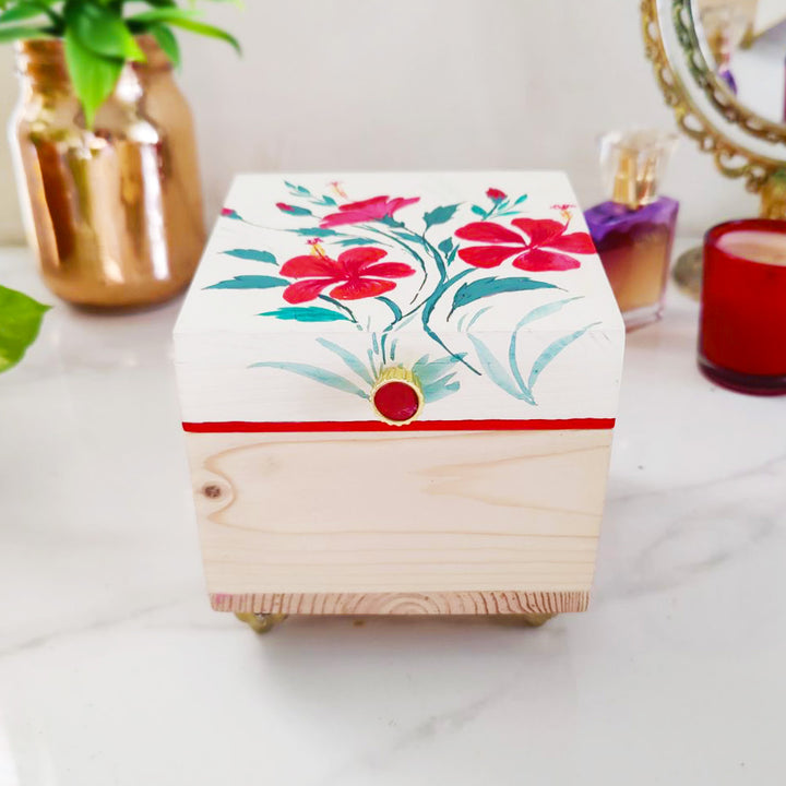 Handpainted Square Personalised Floral Wooden Jewellery Box - Beige