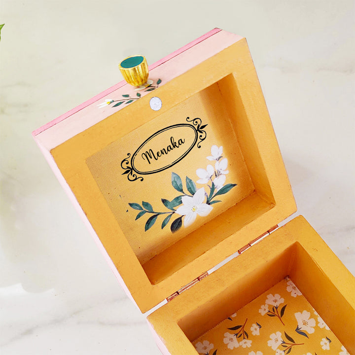 Handpainted Square Personalised Floral Wooden Jewellery Box - Pink