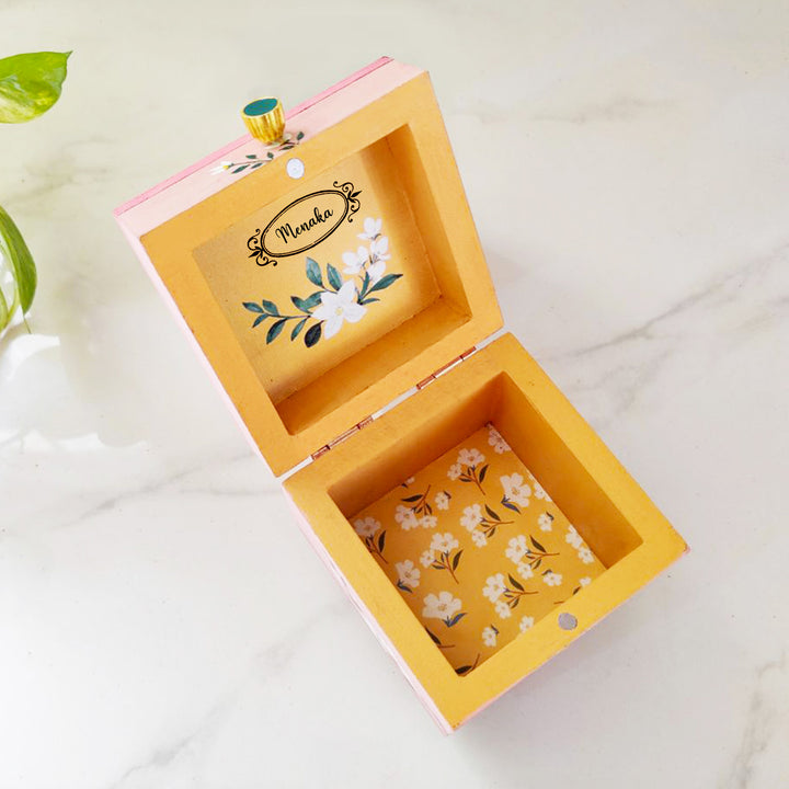 Handpainted Square Personalised Floral Wooden Jewellery Box - Pink