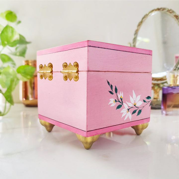 Handpainted Square Personalised Floral Wooden Jewellery Box - Pink