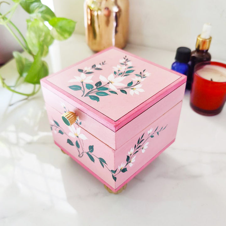 Handpainted Square Personalised Floral Wooden Jewellery Box - Pink