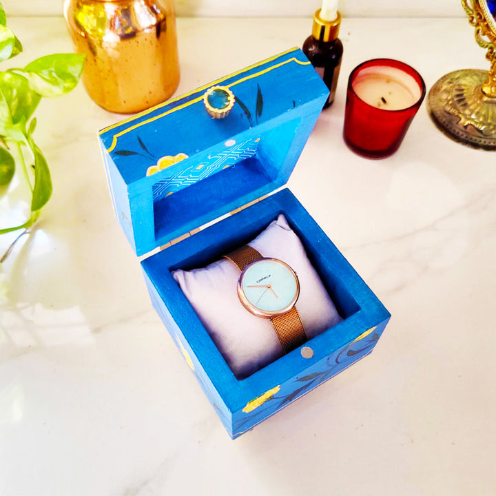 Handpainted Square Personalised Floral Wooden Jewellery Box - Blue