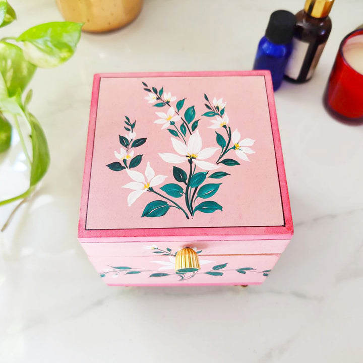 Handpainted Square Personalised Floral Wooden Jewellery Box - Pink