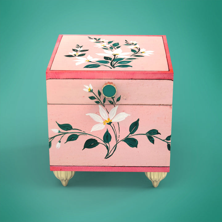 Handpainted Square Personalised Floral Wooden Jewellery Box - Pink