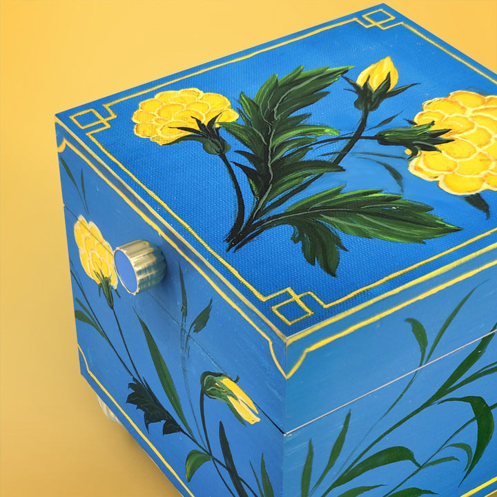 Handpainted Square Personalised Floral Wooden Jewellery Box - Blue
