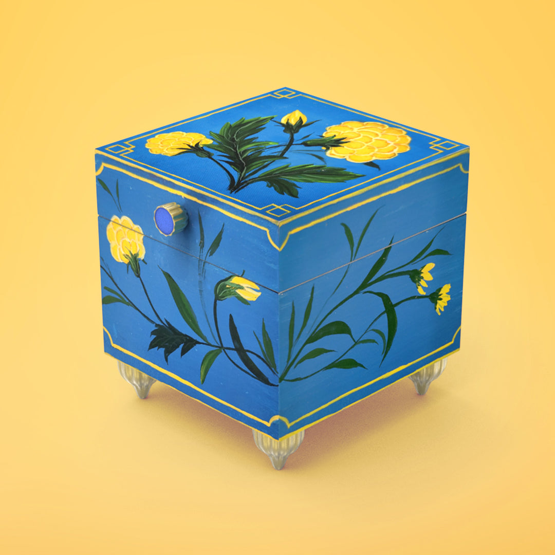 Handpainted Square Personalised Floral Wooden Jewellery Box - Blue