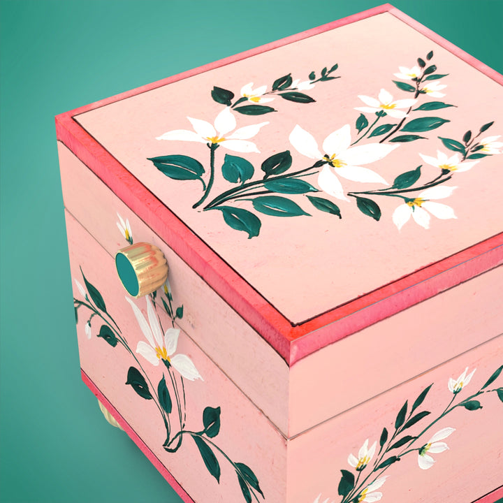 Handpainted Square Personalised Floral Wooden Jewellery Box - Pink