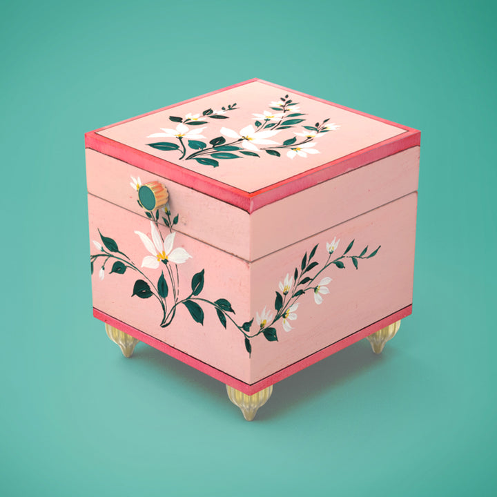 Handpainted Square Personalised Floral Wooden Jewellery Box - Pink