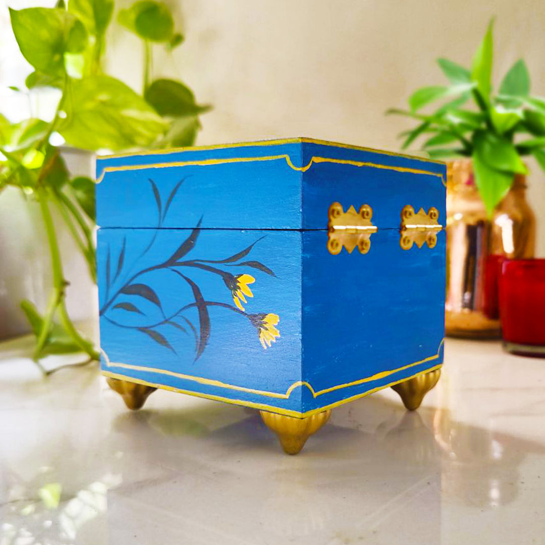 Handpainted Square Personalised Floral Wooden Jewellery Box - Blue