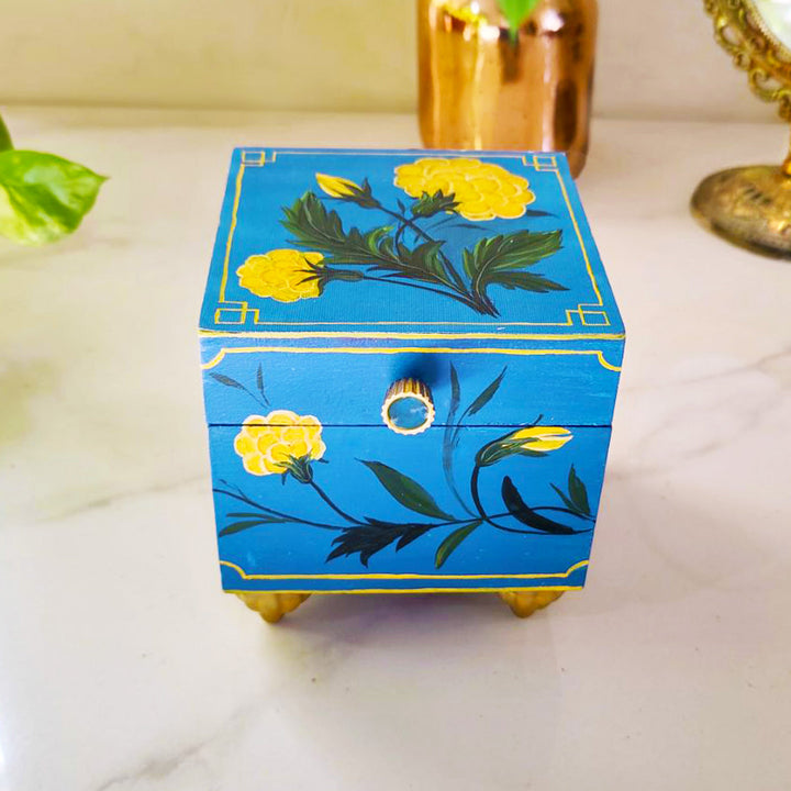 Handpainted Square Personalised Floral Wooden Jewellery Box - Blue