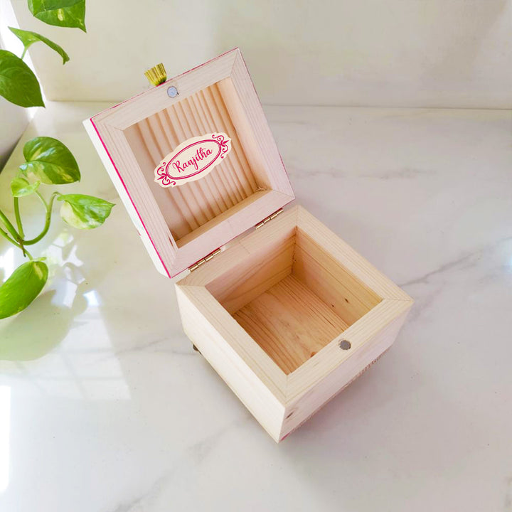 Handpainted Square Personalised Floral Wooden Jewellery Box - Beige
