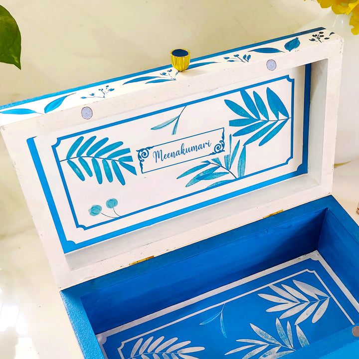 Handpainted Rectangle Personalised Floral Wooden Jewellery Box - Blue