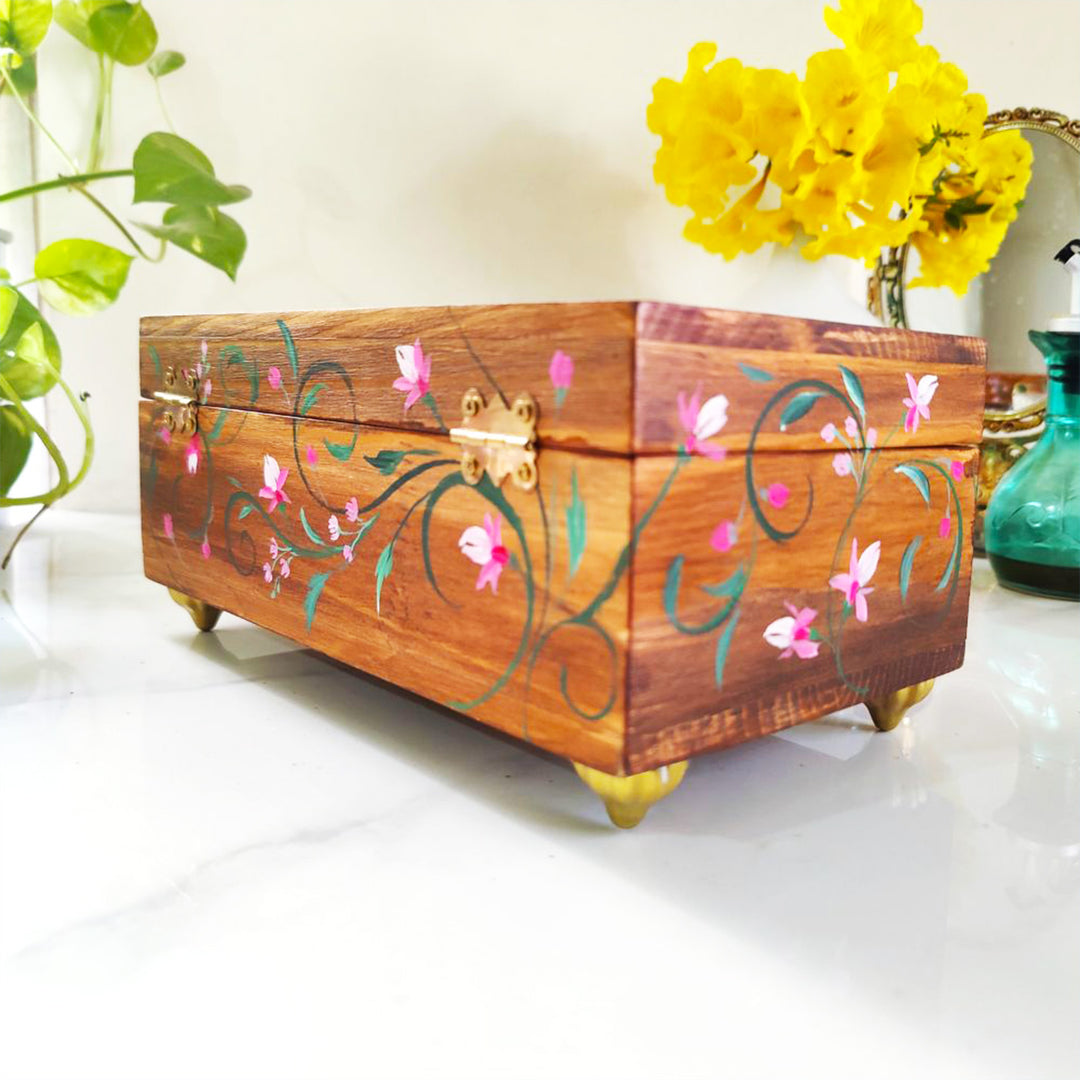 Handpainted Rectangle Personalised Floral Wooden Jewellery Box - Brown