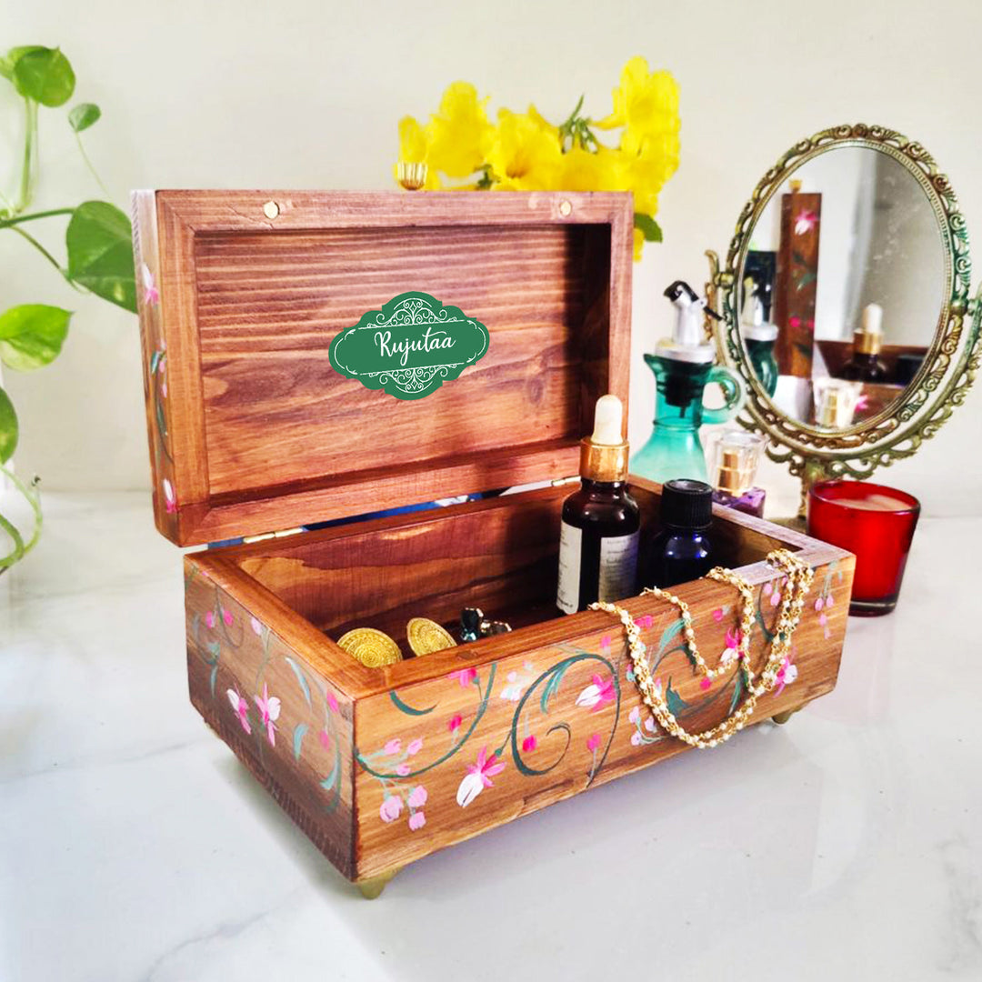 Handpainted Rectangle Personalised Floral Wooden Jewellery Box - Brown