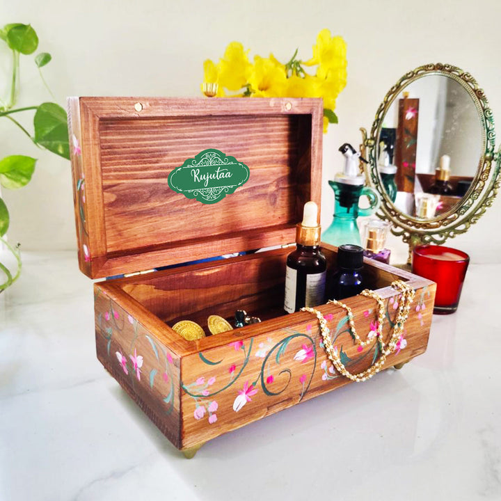 Handpainted Rectangle Personalised Floral Wooden Jewellery Box - Brown