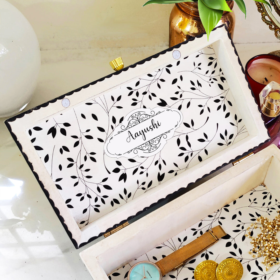 Handpainted Rectangle Personalised Floral Wooden Jewellery Box - Black