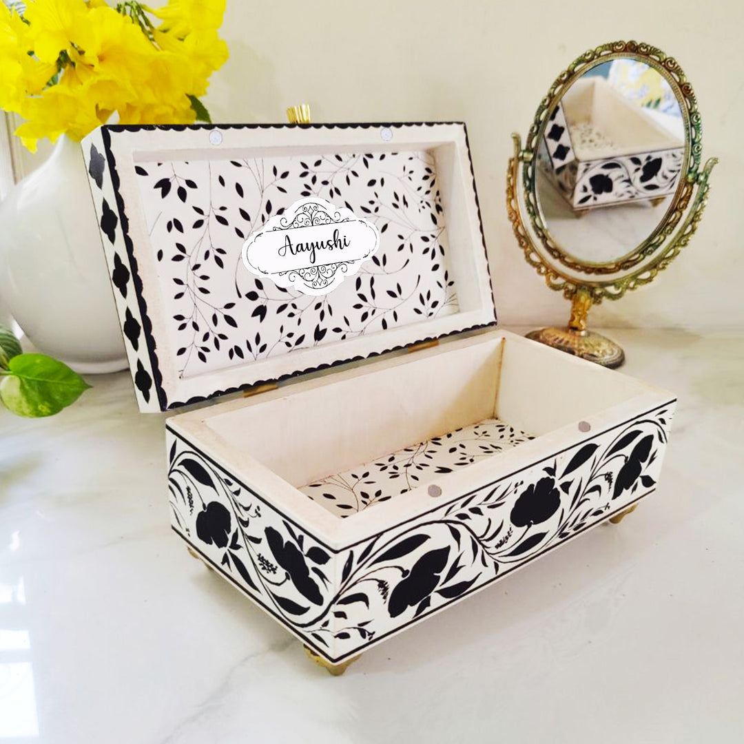 Handpainted Rectangle Personalised Floral Wooden Jewellery Box - Black