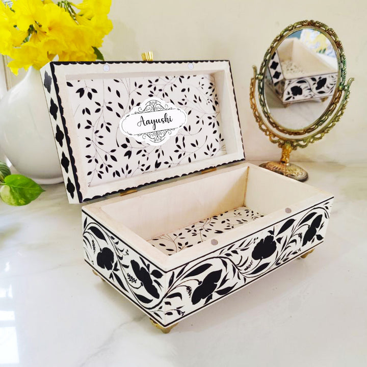 Handpainted Rectangle Personalised Floral Wooden Jewellery Box - Black