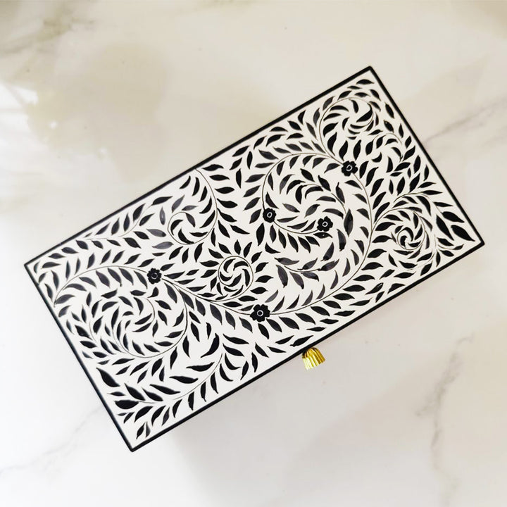Handpainted Rectangle Personalised Floral Wooden Jewellery Box - Black