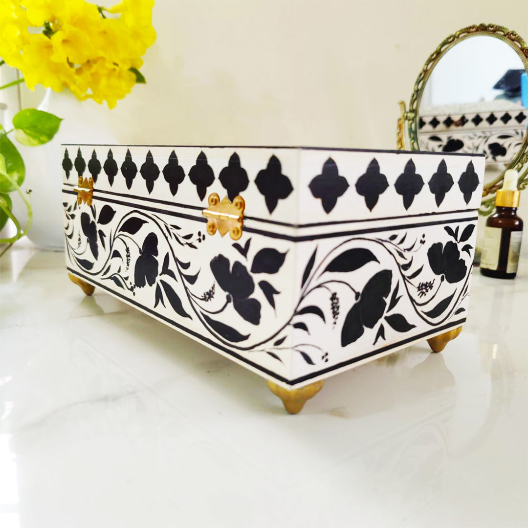 Handpainted Rectangle Personalised Floral Wooden Jewellery Box - Black