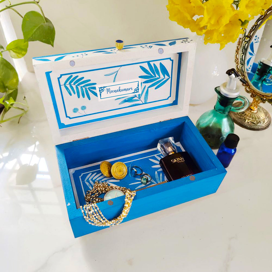 Handpainted Rectangle Personalised Floral Wooden Jewellery Box - Blue
