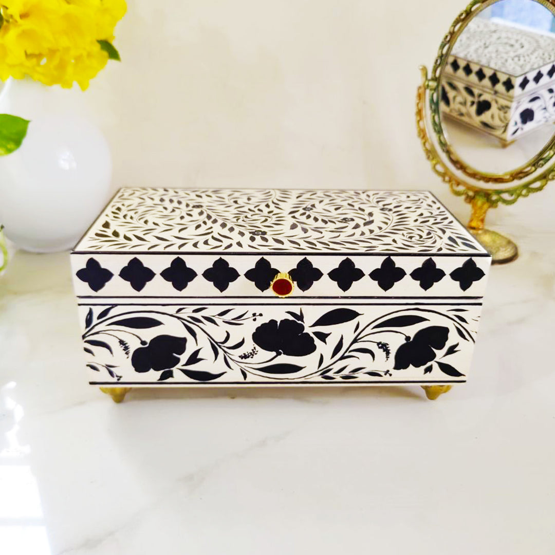 Handpainted Rectangle Personalised Floral Wooden Jewellery Box - Black