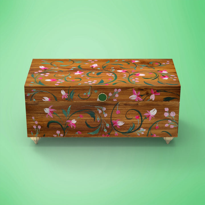 Handpainted Rectangle Personalised Floral Wooden Jewellery Box - Brown
