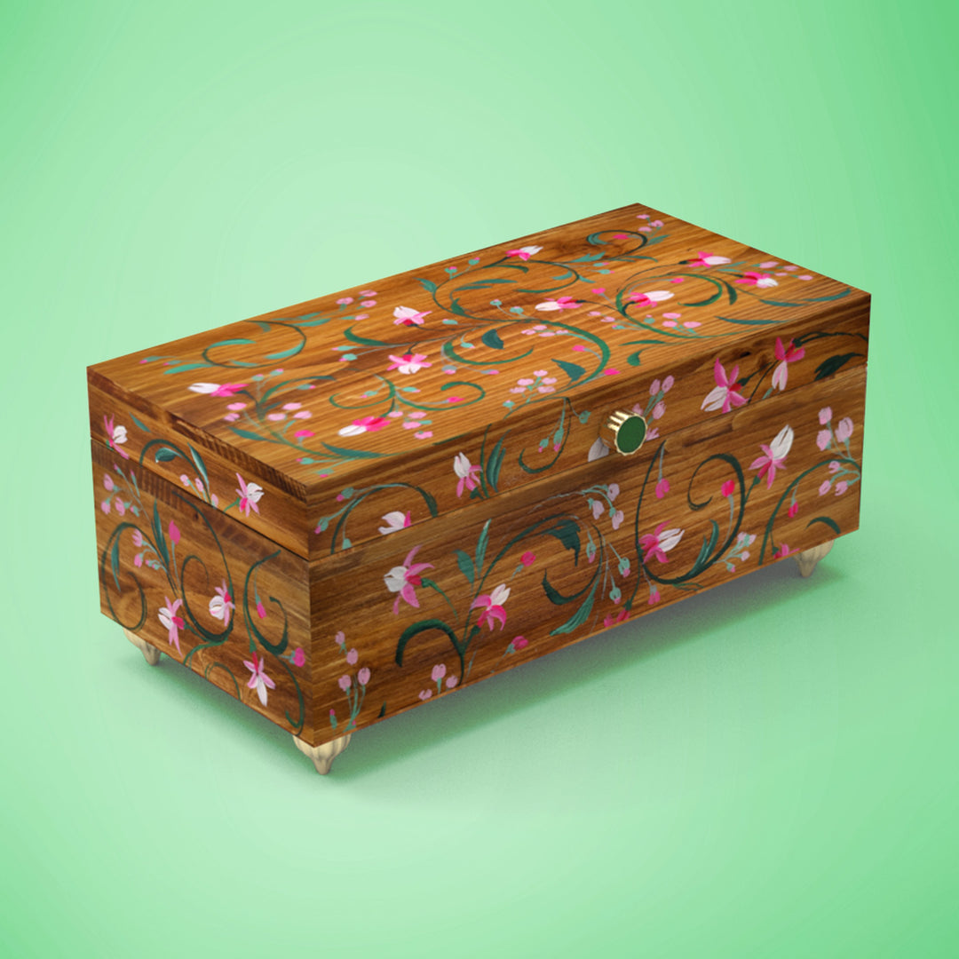 Handpainted Rectangle Personalised Floral Wooden Jewellery Box - Brown