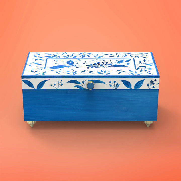 Handpainted Rectangle Personalised Floral Wooden Jewellery Box - Blue