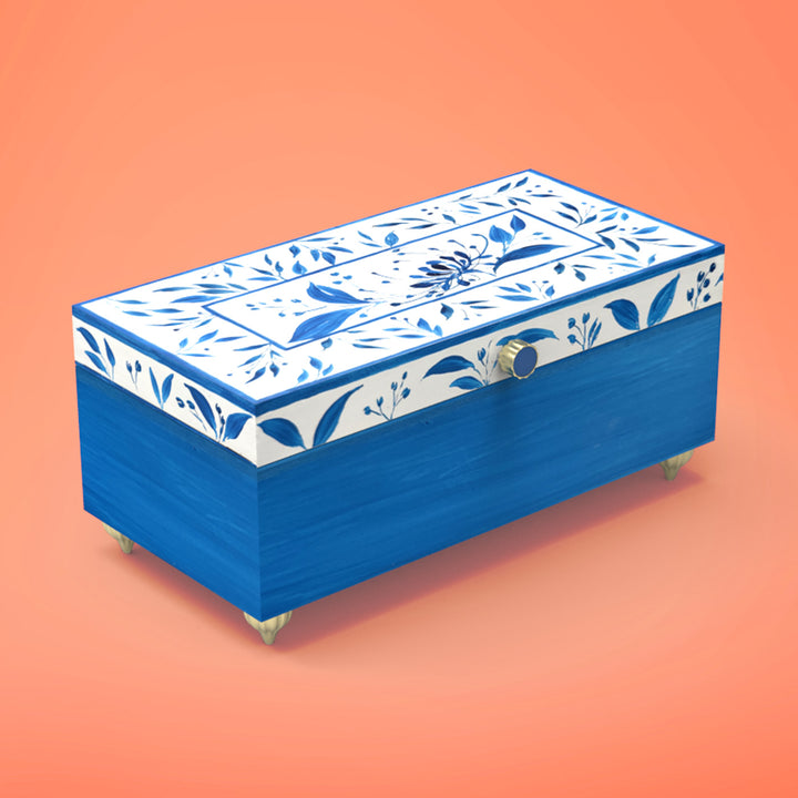 Handpainted Rectangle Personalised Floral Wooden Jewellery Box - Blue