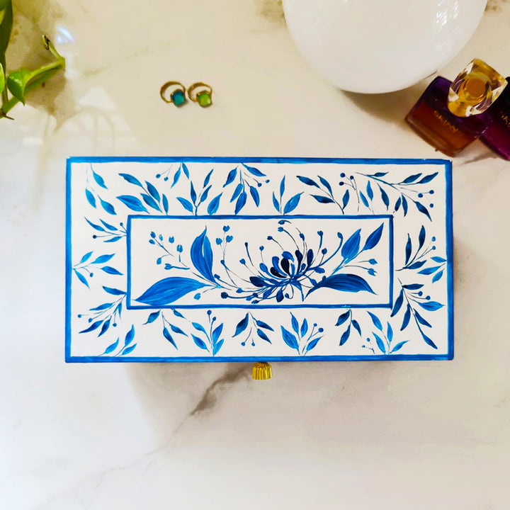 Handpainted Rectangle Personalised Floral Wooden Jewellery Box - Blue