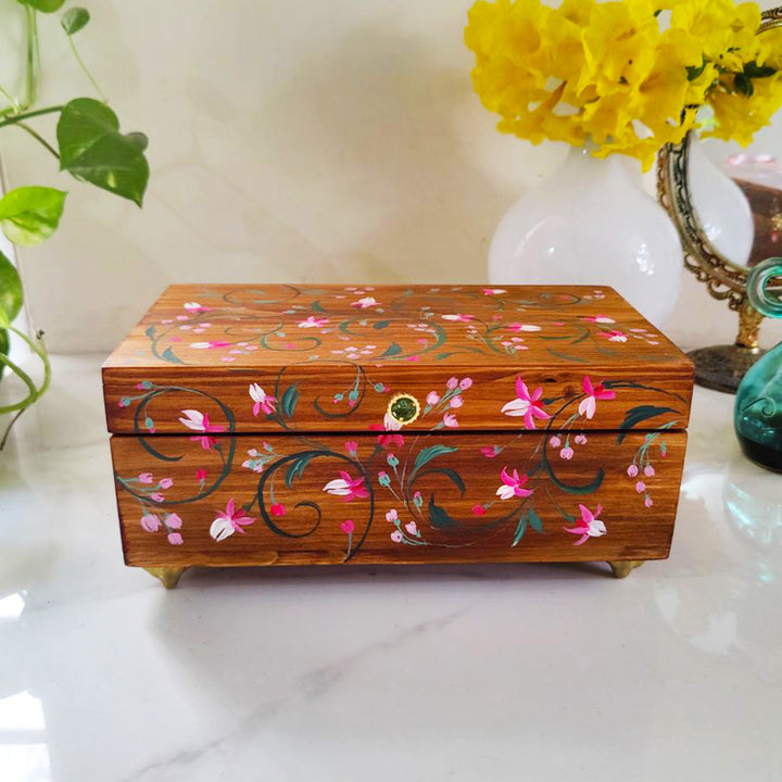 Handpainted Rectangle Personalised Floral Wooden Jewellery Box - Brown