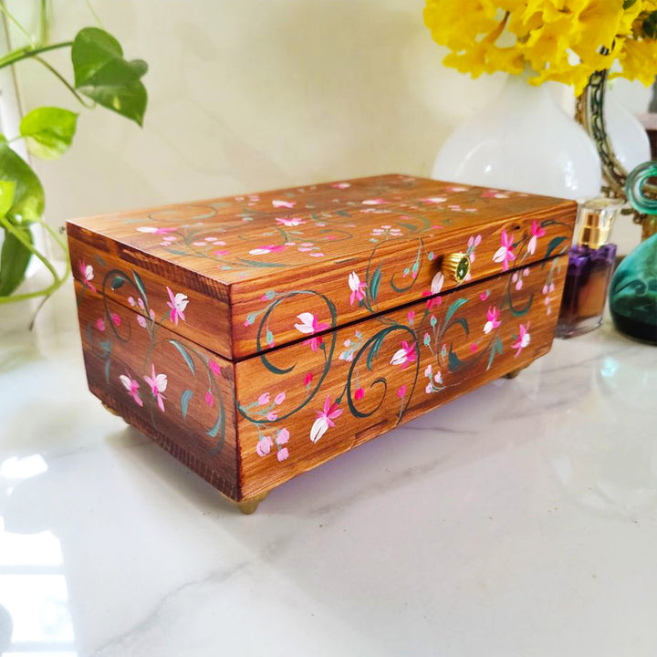 Handpainted Rectangle Personalised Floral Wooden Jewellery Box - Brown