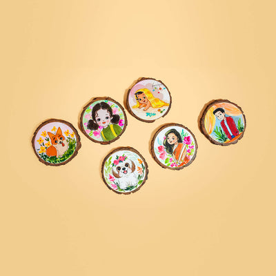 Quirky Hand-painted Character Coasters For Family With Pets - Set of 6
