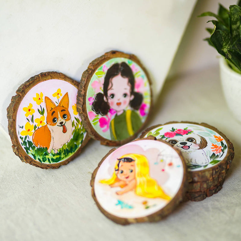 Quirky Hand-painted Character Coasters For Family With Pets - Set of 6
