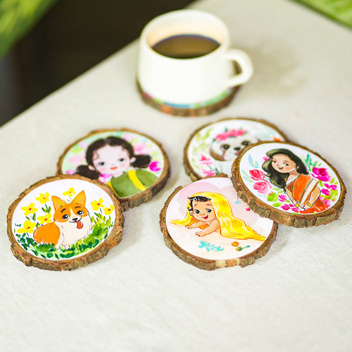 Quirky Hand-painted Character Coasters For Family With Pets - Set of 6