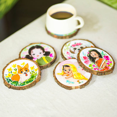 Quirky Hand-painted Character Coasters For Family With Pets - Set of 6