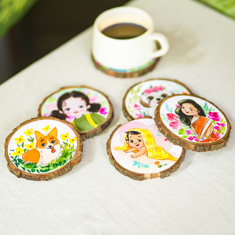 Quirky Hand-painted Character Coasters For Family With Pets - Set of 6