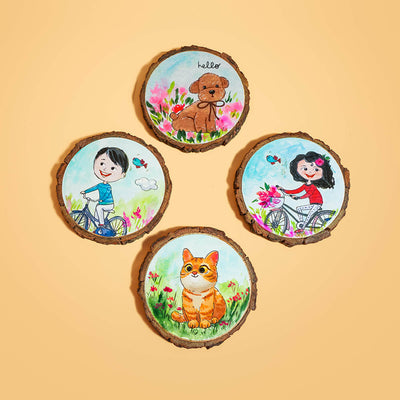 Customisable Hand-painted Character Coasters For Happy Kids & Pets - Set of 4