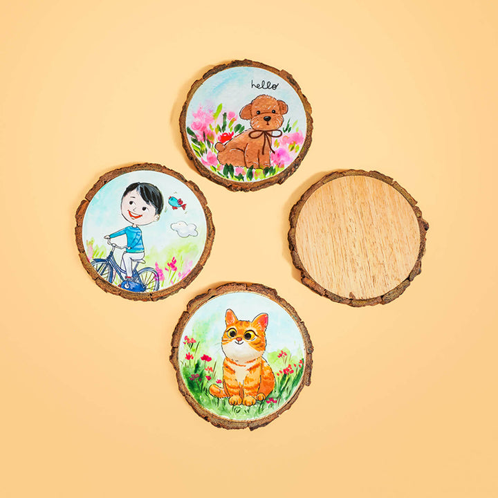 Customisable Hand-painted Character Coasters For Happy Kids & Pets - Set of 4