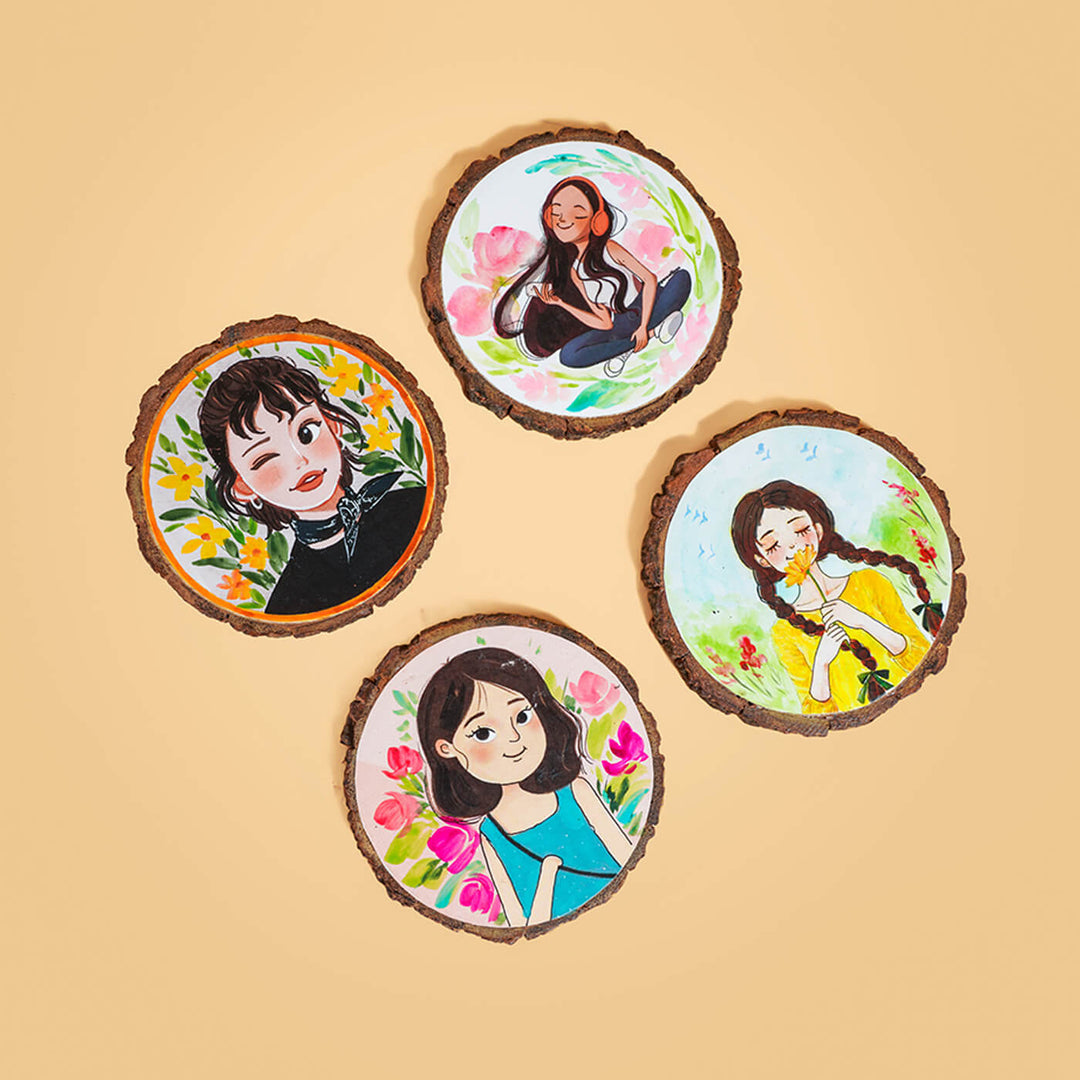 Quirky Hand-painted Character Coasters For Sisters - Set of 4