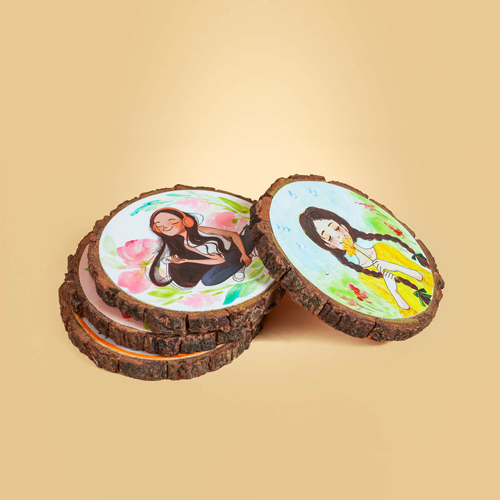 Quirky Hand-painted Character Coasters For Sisters - Set of 4
