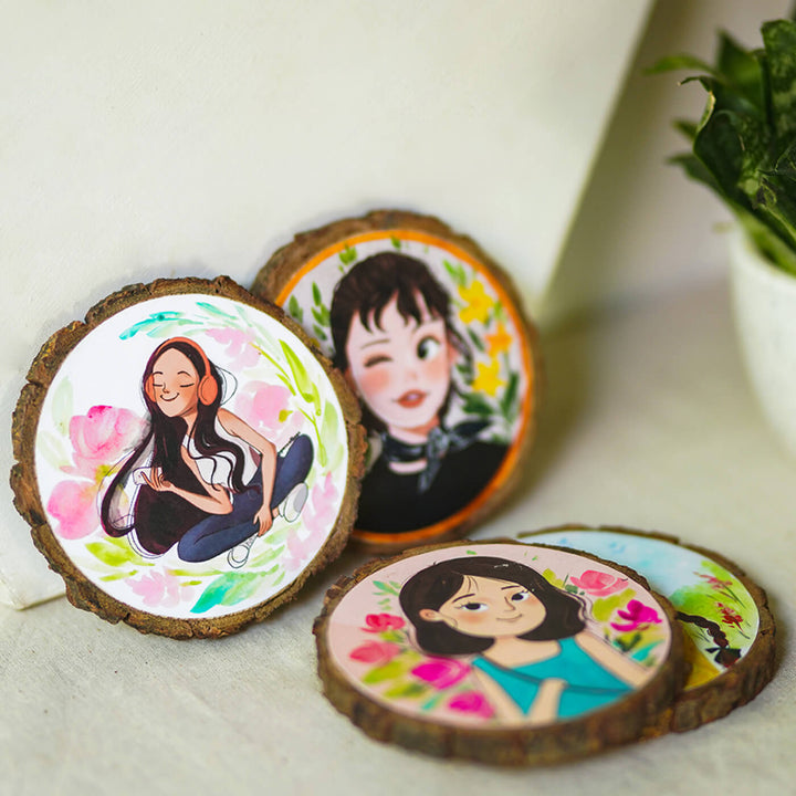 Quirky Hand-painted Character Coasters For Sisters - Set of 4